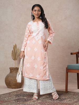 Hand Embroidered Peach Cotton Lucknowi Chikankari Indian Women Straight Kurta 1