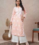 Hand Embroidered Peach Cotton Lucknowi Chikankari Indian Women Straight Kurta