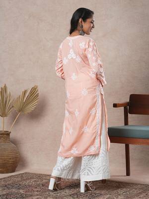 Hand Embroidered Peach Cotton Lucknowi Chikankari Indian Women Straight Kurta 2