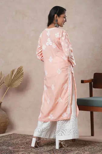 Hand Embroidered Peach Cotton Lucknowi Chikankari Indian Women Straight Kurta