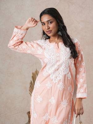 Hand Embroidered Peach Cotton Lucknowi Chikankari Indian Women Straight Kurta 3