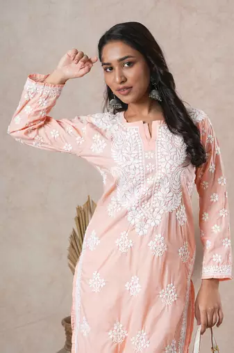 Hand Embroidered Peach Cotton Lucknowi Chikankari Indian Women Straight Kurta