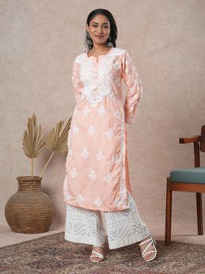 Hand Embroidered Peach Cotton Lucknowi Chikankari Indian Women Straight Kurta 4