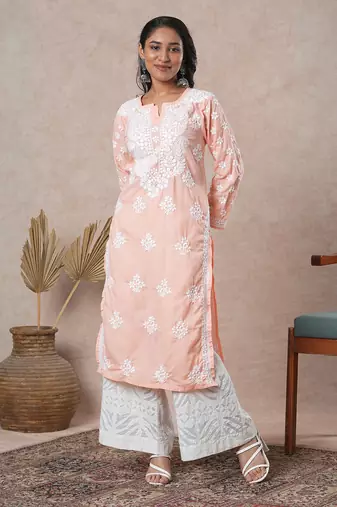 Hand Embroidered Peach Cotton Lucknowi Chikankari Indian Women Straight Kurta