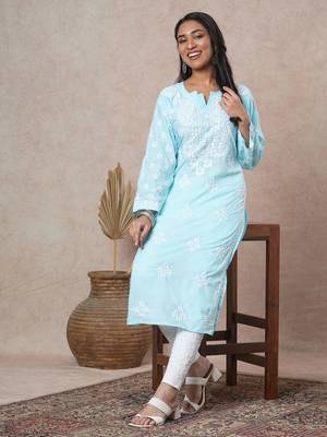Hand Embroidered Blue Cotton Lucknowi Chikankari Indian Women Straight Kurta 1