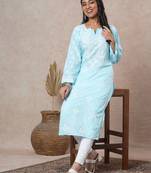 Hand Embroidered Blue Cotton Lucknowi Chikankari Indian Women Straight Kurta