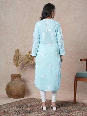 Hand Embroidered Blue Cotton Lucknowi Chikankari Indian Women Straight Kurta 2