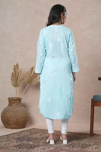 Hand Embroidered Blue Cotton Lucknowi Chikankari Indian Women Straight Kurta