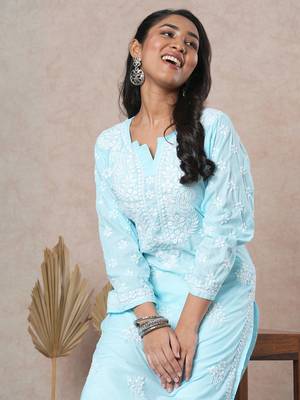Hand Embroidered Blue Cotton Lucknowi Chikankari Indian Women Straight Kurta 3