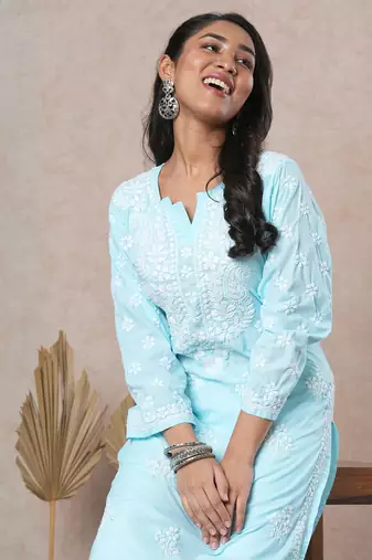 Hand Embroidered Blue Cotton Lucknowi Chikankari Indian Women Straight Kurta