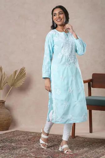Hand Embroidered Blue Cotton Lucknowi Chikankari Indian Women Straight Kurta