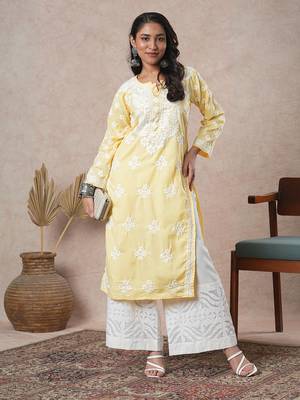 Hand Embroidered Yellow Cotton Lucknowi Chikankari Indian Women Straight Kurta 1