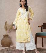 Hand Embroidered Yellow Cotton Lucknowi Chikankari Indian Women Straight Kurta