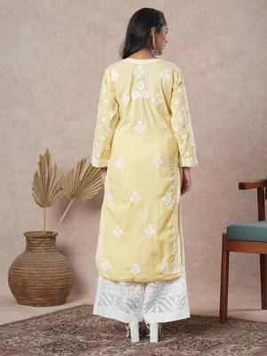 Hand Embroidered Yellow Cotton Lucknowi Chikankari Indian Women Straight Kurta 2