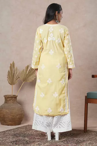 Hand Embroidered Yellow Cotton Lucknowi Chikankari Indian Women Straight Kurta