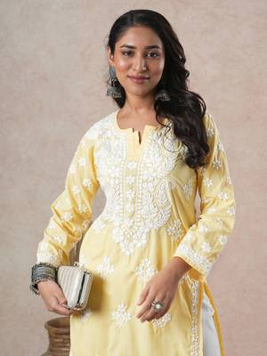 Hand Embroidered Yellow Cotton Lucknowi Chikankari Indian Women Straight Kurta 3