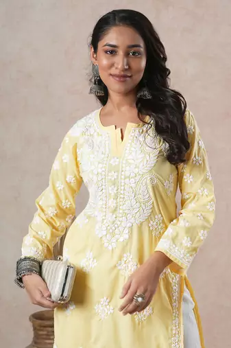 Hand Embroidered Yellow Cotton Lucknowi Chikankari Indian Women Straight Kurta