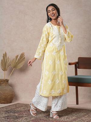 Hand Embroidered Yellow Cotton Lucknowi Chikankari Indian Women Straight Kurta 4