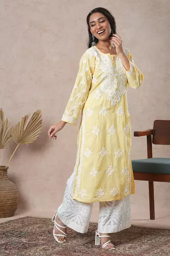 Hand Embroidered Yellow Cotton Lucknowi Chikankari Indian Women Straight Kurta