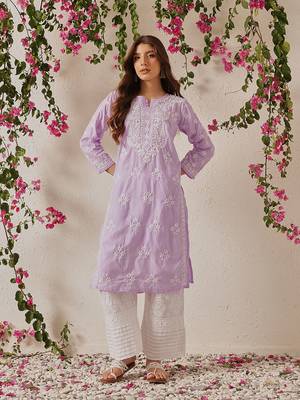 Hand Embroidered Lilac Cotton Lucknowi Chikankari Indian Women Straight Kurta 1