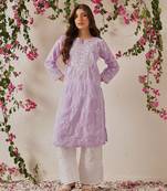 Hand Embroidered Lilac Cotton Lucknowi Chikankari Indian Women Straight Kurta