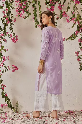 Hand Embroidered Lilac Cotton Lucknowi Chikankari Indian Women Straight Kurta