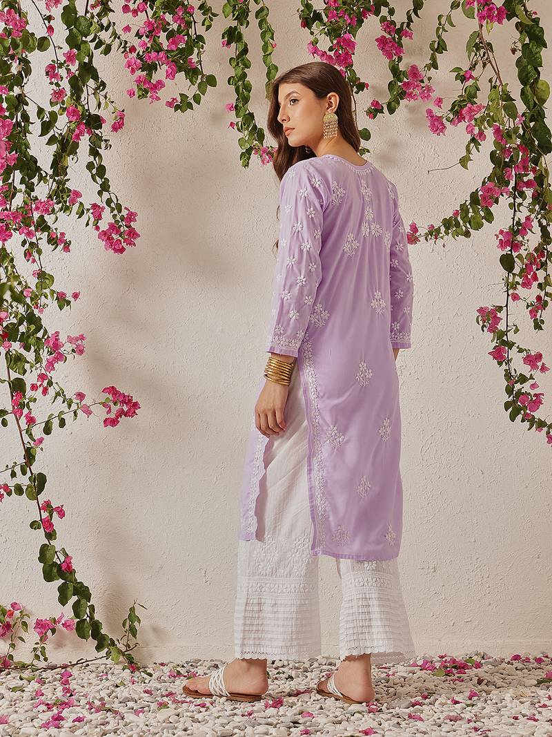 Hand Embroidered Lilac Cotton Lucknowi Chikankari Indian Women Straight Kurta