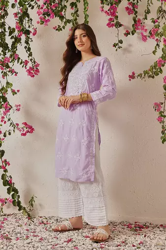 Hand Embroidered Lilac Cotton Lucknowi Chikankari Indian Women Straight Kurta