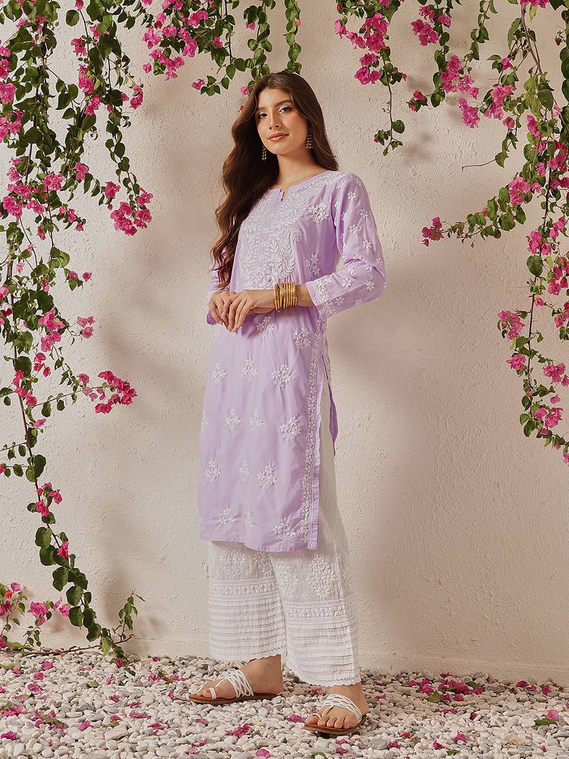 Hand Embroidered Lilac Cotton Lucknowi Chikankari Indian Women Straight Kurta