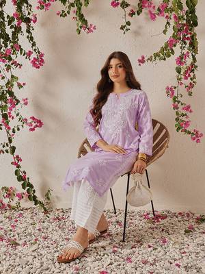 Hand Embroidered Lilac Cotton Lucknowi Chikankari Indian Women Straight Kurta 4