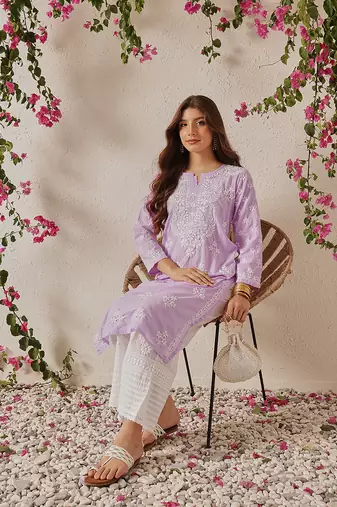 Hand Embroidered Lilac Cotton Lucknowi Chikankari Indian Women Straight Kurta