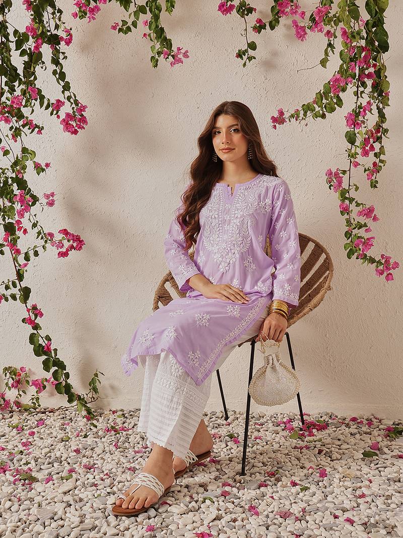 Hand Embroidered Lilac Cotton Lucknowi Chikankari Indian Women Straight Kurta