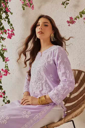 Hand Embroidered Lilac Cotton Lucknowi Chikankari Indian Women Straight Kurta