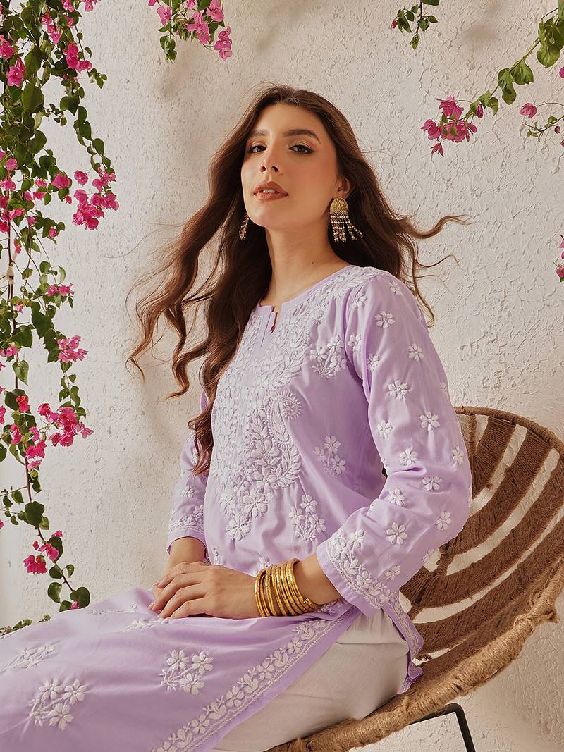 Hand Embroidered Lilac Cotton Lucknowi Chikankari Indian Women Straight Kurta