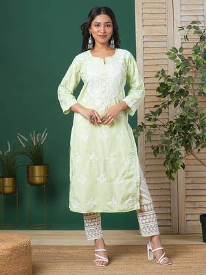 Hand Embroidered Light Green Cotton Lucknowi Chikankari Indian Women Straight Kurta 1