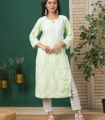 Hand Embroidered Light Green Cotton Lucknowi Chikankari Indian Women Straight Kurta
