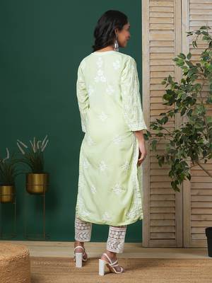 Hand Embroidered Light Green Cotton Lucknowi Chikankari Indian Women Straight Kurta 2