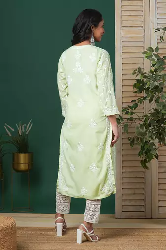 Hand Embroidered Light Green Cotton Lucknowi Chikankari Indian Women Straight Kurta