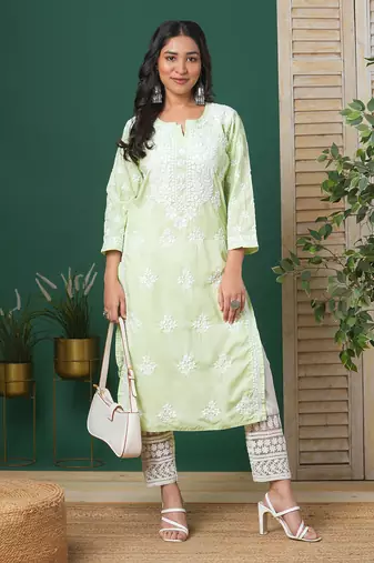Hand Embroidered Light Green Cotton Lucknowi Chikankari Indian Women Straight Kurta