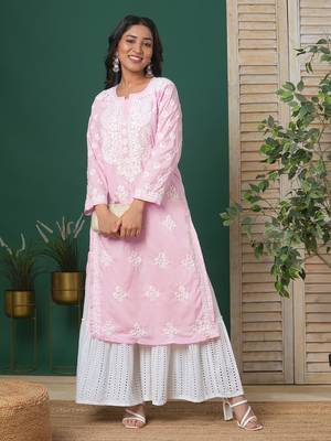 Hand Embroidered Pink Cotton Lucknowi Chikankari Indian Women Straight Kurta 1