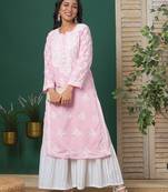 Hand Embroidered Pink Cotton Lucknowi Chikankari Indian Women Straight Kurta