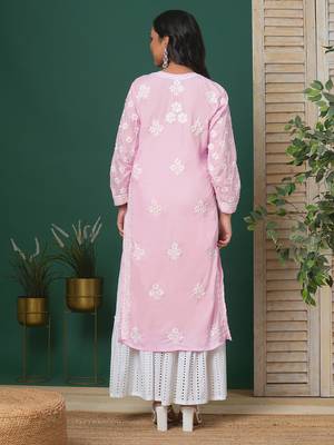 Hand Embroidered Pink Cotton Lucknowi Chikankari Indian Women Straight Kurta 2