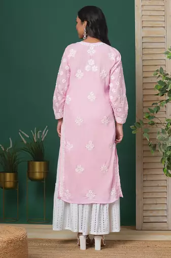 Hand Embroidered Pink Cotton Lucknowi Chikankari Indian Women Straight Kurta