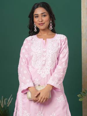Hand Embroidered Pink Cotton Lucknowi Chikankari Indian Women Straight Kurta 3