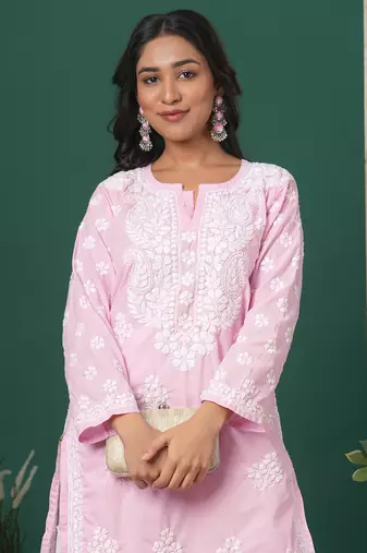 Hand Embroidered Pink Cotton Lucknowi Chikankari Indian Women Straight Kurta