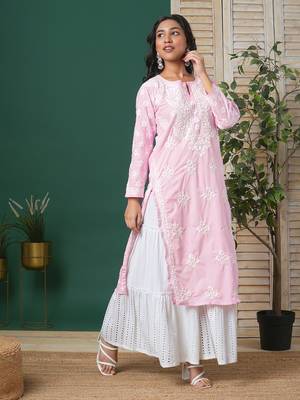 Hand Embroidered Pink Cotton Lucknowi Chikankari Indian Women Straight Kurta 4