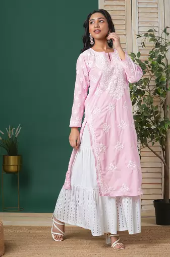 Hand Embroidered Pink Cotton Lucknowi Chikankari Indian Women Straight Kurta