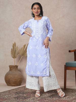 Hand Embroidered Mauve Cotton Lucknowi Chikankari Indian Women Straight Kurta 1