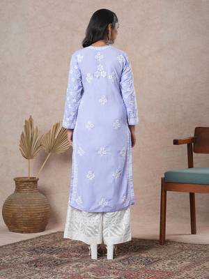 Hand Embroidered Mauve Cotton Lucknowi Chikankari Indian Women Straight Kurta 2