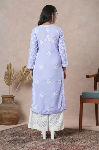 Hand Embroidered Mauve Cotton Lucknowi Chikankari Indian Women Straight Kurta